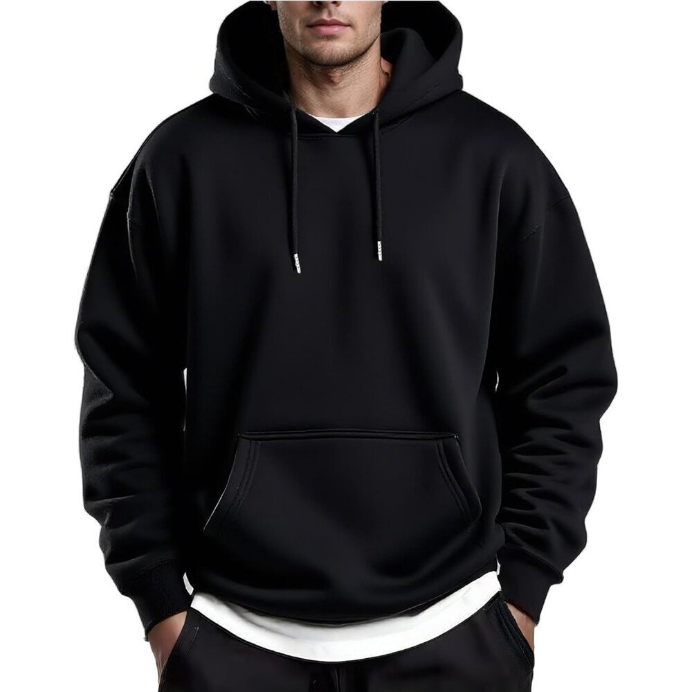 Coofandy Men Black Pullover Fleece Hooded Sweatshirt with Kanga Pocket